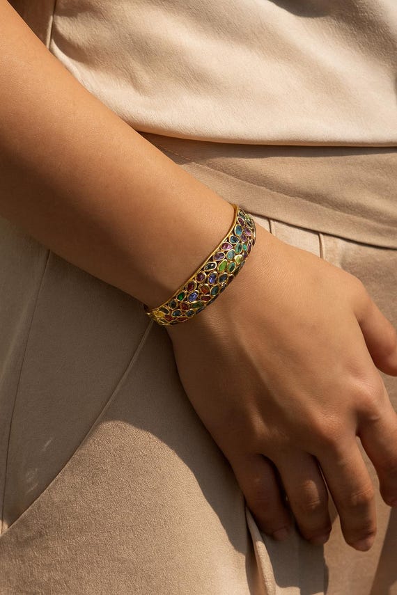 Multigemstone Statement Bracelet Solid 18k Gold :… - image 2