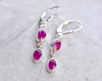 Ruby Natural Dangly Sterling Silver Earrings : July Birthstone Drops