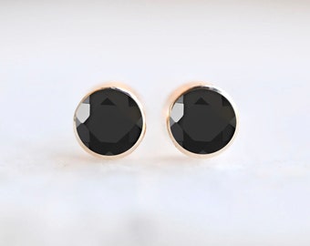 Tiny Black Onyx Stud Earrings 14kt Gold, Round Black Gemstone Studs, Minimalist Earrings, Holiday Gift, Stocking Stuffer, Earrings for Women