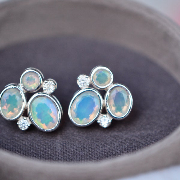 Natural Ethiopian Opal Statement Stud Earrings Sterling Silver with White Topaz, October Birthstone Jewelry, Rainbow Gemstone Earrings Women