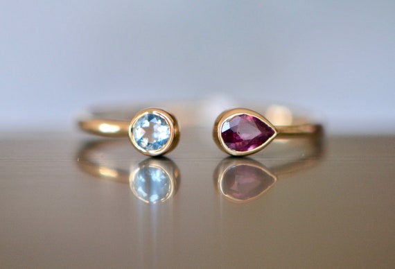 Aquamarine Ruby Ring 14k Gold March July Birthstone Ring