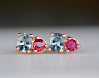 Rubin- und graue Spinell-Ohrstecker aus 14-karätigem Roségold: Geburtsstein-Schmuck für Juli und August