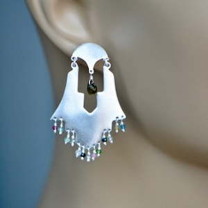 Tourmaline Sterling Silver Earrings,Large Statement Earrings, October Birthstone Jewelry, Gift for Girlfriend, Women Wife