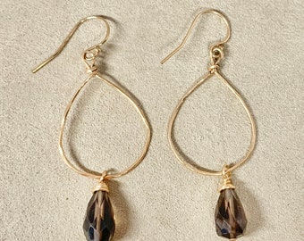 14k Gold Filled Hammered Hoop Earrings: Smokey Quartz Gemstone Drop