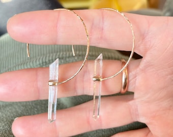 Raw Quartz Crystal Hoop Earrings: 14k Gold Filled Boho Jewelry