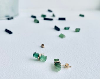 Raw Green Tourmaline Stud Earrings: 14k Gold Filled Birthstone Jewelry