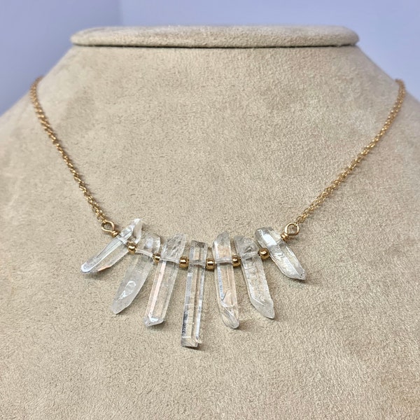 Quartz point necklace, clear crystal pendant, gemstone pendant, statement jewelry, bib necklace, quartz fringe necklace, boho necklace