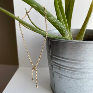 Può includere: Un braccialetto a catena dorata con una chiusura scorrevole e piccole perle dorate. Il braccialetto è appeso a una pianta verde in un vaso di metallo.