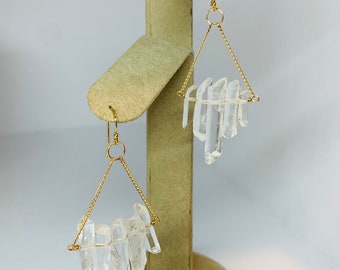 Clear quartz chandelier earrings, gold clear quartz dangling earrings