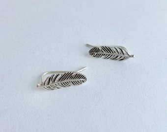 Silver feather ear climbers, sterling silver earrings, feather studs, simple feather earrings, minimalist earrings