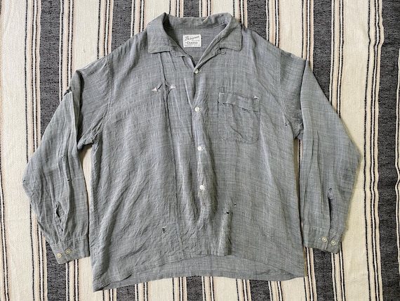 Large, 1950s Distressed Loop Collar Campus Shirt - image 1