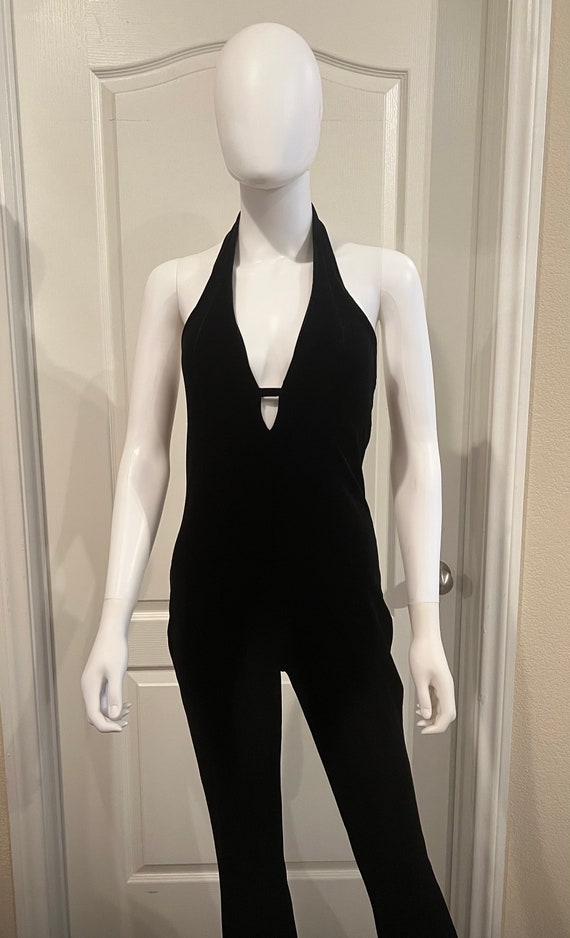 Black stretch velvet jumpsuit - image 2