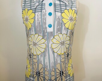 Top vintage senza maniche a fiori con dettagli gialli e blu