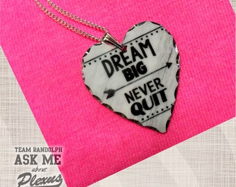 Plexus Jewelry, Plexus Necklace, Dream Big Don't Quit, Inspirational, Polished Scalloped Edge, 18 Inch Silver Plated Chain, Heart Pendant