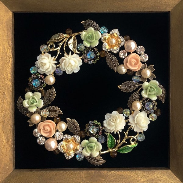 Framed Jewelry Art Floral Wreath Decor with Vintage & Recycled Jewelry in Handmade Wooden Frame, Spring Decor, Gift For Her, Spring Wreath