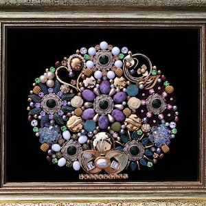 Framed Jewelry Art Bouquet of Flowers Home Decor with Vintage Repurposed Jewelry in a Recycled Frame, Gift for Her, Floral Art, Victorian