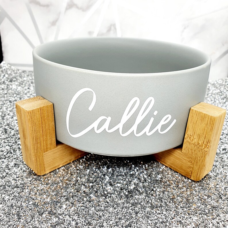 Personalised pet bowl with wooden stand / ceramic pet bowl / Etsy
