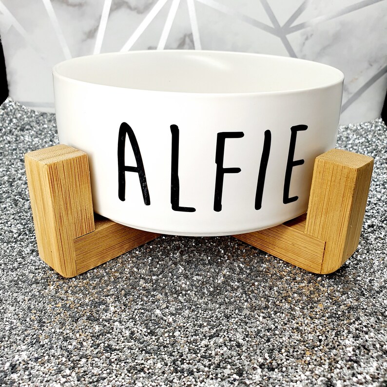 Personalised Pet Bowl With Wooden Stand Ceramic Pet Bowl Etsy UK