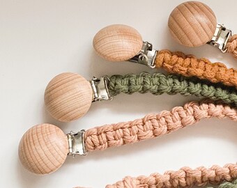 Macrame Dummy Chain || clip handmade cord pacifier dusty pink mustard clay green baby newborn girl boy unsex soft silver boho gift shower