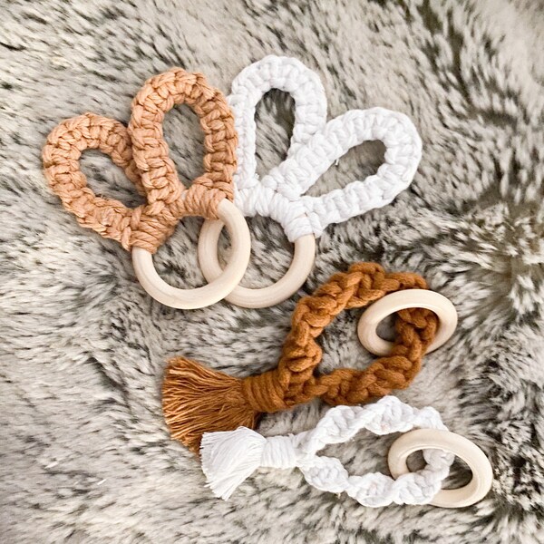 Macrame Baby Toy Pack | white clay mustard teething raw natural wood newborn toddler gift shower handmade play gym hanging boho tethers pram