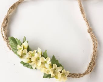 Vanilla + Green Rojo Flower Tie Back | newborn | baby | headband | handmade | rustic | foliage | girl | photo |