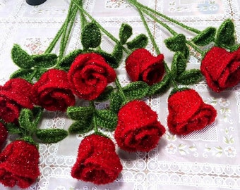 Handmade Crochet Red Rose Flowers, Rose Bouquet, Decorative Flowers, Home Decor, Blooming Rose ,Valentine's Day Gift