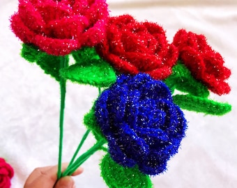 Crochet Rose  Bouquet , Red Rose Blue Rose 5 Pcs ,Women Gift , Office Decoration  ,Home Decoration