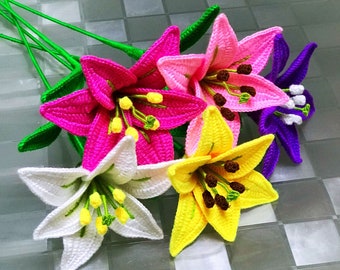 Handmade Crochet Lily Flowers (NO Bud) Bouquet 1 PCS ,White Pink Yellow Purple Lily Home Office Decoration