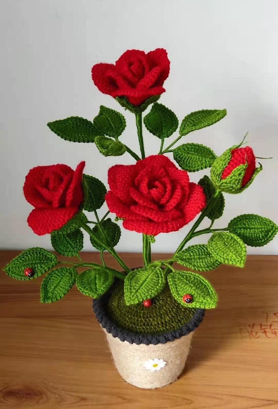Crochet Rosa Roja Brillante Flor Planta en Maceta 1 Piezas - Etsy España
