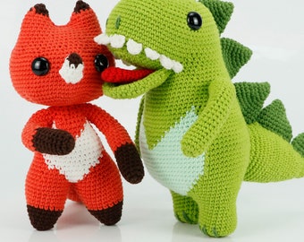 Crochet Amigurumi Knitted Stuffed Moved Plushies Fox Dinosaur Doll, Amigurumi Orange Fox Amigurumi Green Dinosaur，Birthday Anniversary Gift