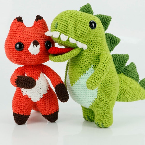 Crochet Amigurumi Knitted Stuffed Plushies Fox Dinosaur Doll, Amigurumi Orange Fox Amigurumi Green Dinosaur. XMAS Anniversary Gift