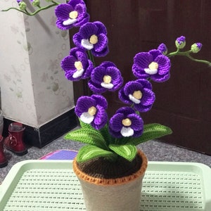 Crochet Phalaenopsis Potted ,Amigurumi Craft Simulation Purple Phalaenopsis Potted Office Home Decoration,Home Office Craft Ornaments