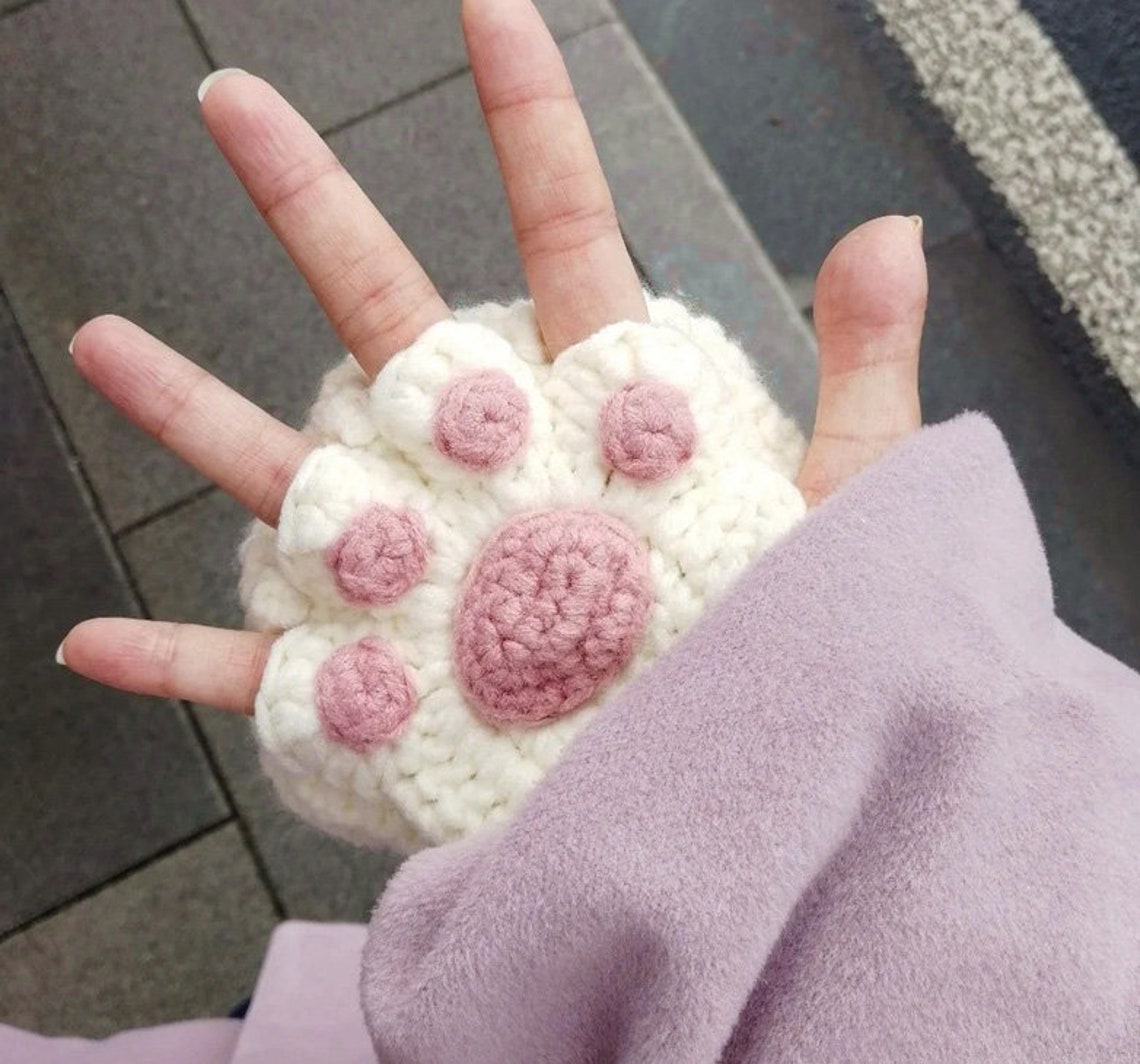 Kawaii Crochet Cat Fingerless Gloves girl Pink Purple Cat Etsy