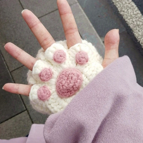 Gants sans doigts de chat au crochet kawaii, gants de chat rose violet de fille, gants chauds à la main d’hiver, mitaines au crochet, gant sans doigts, taille libre