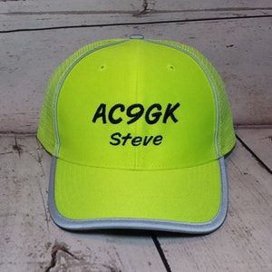 Embroidered High Visibility Safety Yellow Callsign and Name Mesh Back Hat   /   Safety Orange Adjustable Size Cap  /  ARRL  /  ARES