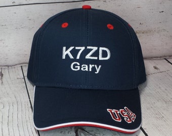 Embroidered Call Sign and Name Amateur Radio Operator Patriotic Hat   /    Custom Embroider Ham GRMS Radio Hat   /   Field Day Callsign Cap