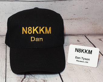 Combo Hat and Name Badge Custom Embroidered Amateur Radio Callsign Hat and Custom Printed Call Sign Name Badge  /  Ham Radio Cap Combination