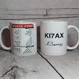 Amateur Radio Callsign Coffee Mug with Morse Code Chart   /   Ham Radio Personalized Coffee Cup   /   Custom Call Sign Cup