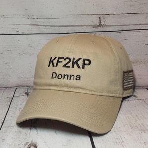 Embroidered Call Sign and Name Tactical Hat with American Flag on Side    /    Custom Embroidered Amateur Radio Cap   /   GMRS Ham Radio Hat