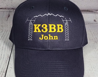 Embroidered Call Sign and Name with Towers Ham Radio Hat Fast Turnaround  /   Customized Embroidery Amateur Radio Field Day Cap
