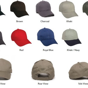 May include: A collection of baseball caps in various solid colors including black, brown, charcoal, khaki, loden, navy blue, red, and royal blue, plus a khaki and navy combination. Three views of a khaki cap show the front, rear, and side profiles.