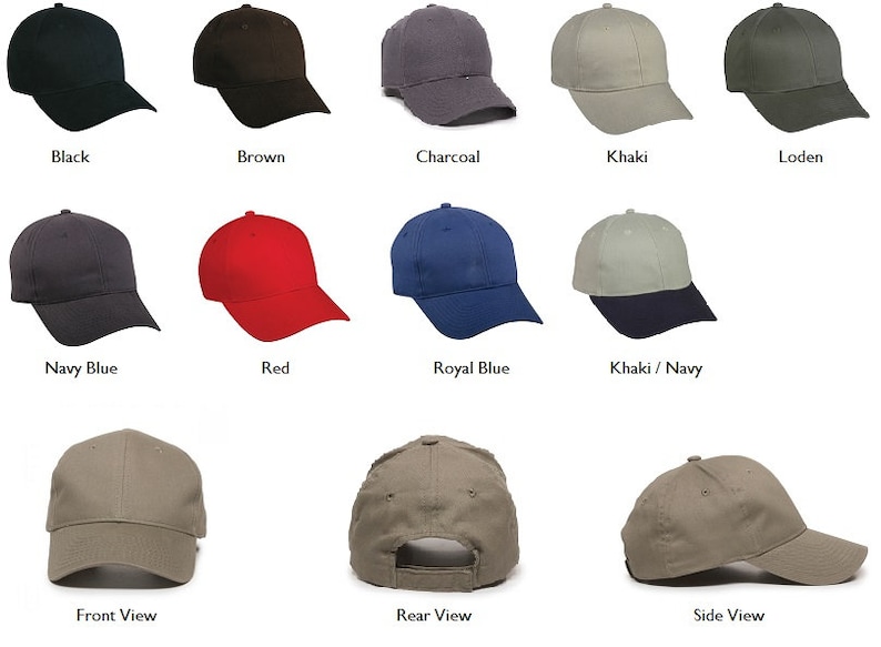 May include: A collection of baseball caps in various solid colors including black, brown, charcoal, khaki, loden, navy blue, red, and royal blue, plus a khaki and navy combination. Three views of a khaki cap show the front, rear, and side profiles.