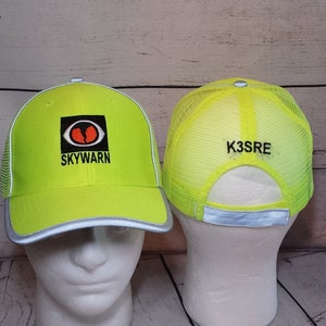 Embroidered Skywarn Storm Spotter High Vis Hat with Callsign On Back   /   Amateur Radio Field Day Embroidered Ham Hat   /  NOAA Weather Cap