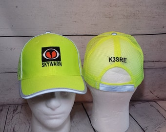 Embroidered Skywarn Storm Spotter High Vis Hat with Callsign On Back   /   Amateur Radio Field Day Embroidered Ham Hat   /  NOAA Weather Cap