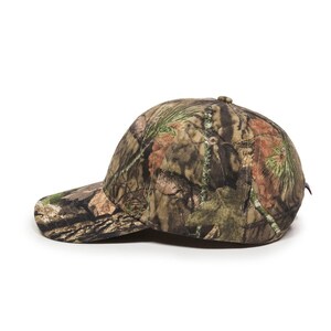 May include: A camouflage baseball cap with a green, brown, and orange pattern. The cap has a curved brim and a mesh back.