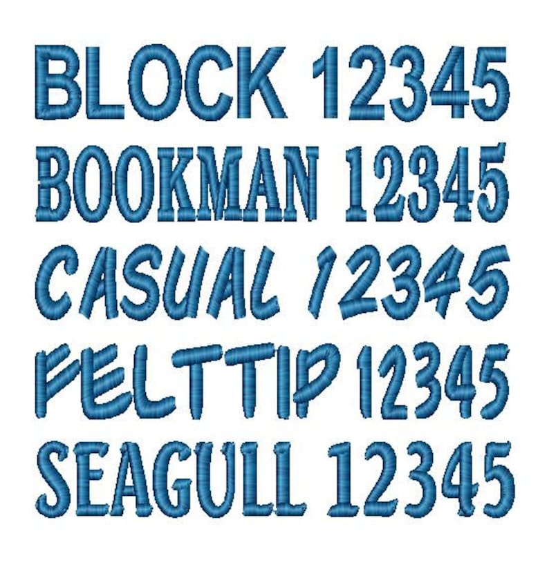 May include: A digital embroidery font sample sheet featuring five distinct blue thread-stitched styles. Each line displays the font name followed by the numbers 12345. The styles are labeled as BLOCK, BOOKMAN, CASUAL, FELTTIP, and SEAGULL.
