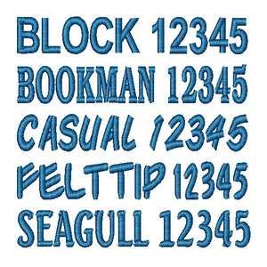 May include: A comparison of five different font styles, Block, Bookman, Casual, Felt Tip, and Seagull, with the numbers 12345 displayed in each font.