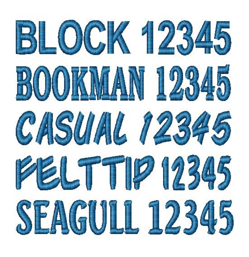 May include: A comparison of five different font styles, Block, Bookman, Casual, Felt Tip, and Seagull, with the numbers 12345 displayed in each font.