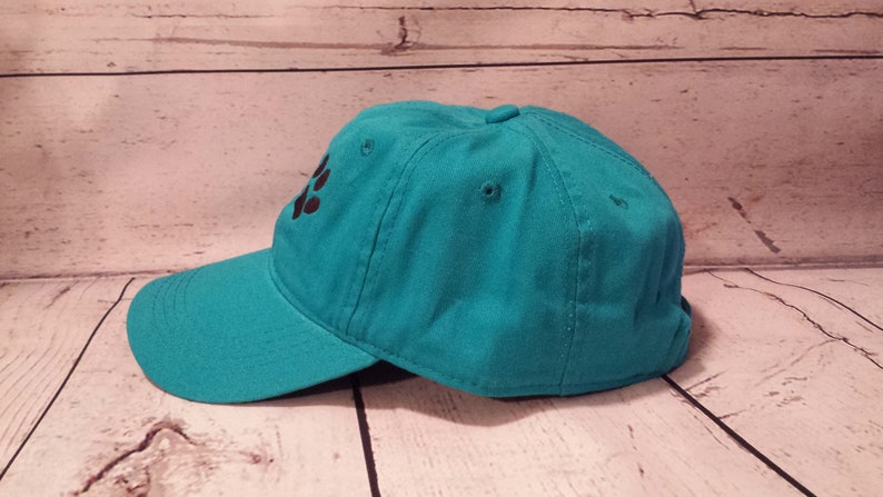 May include: A teal blue baseball cap with a black paw print design.