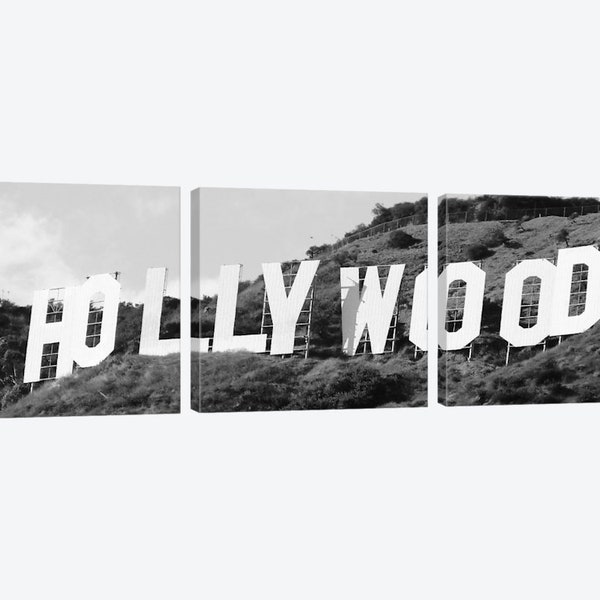 Hollywood Sign Photograph, Los Angeles California Panoramic, Hollywood Sign Iconic Wall Art, Large 3 Piece Canvas Wall Art, Black & White